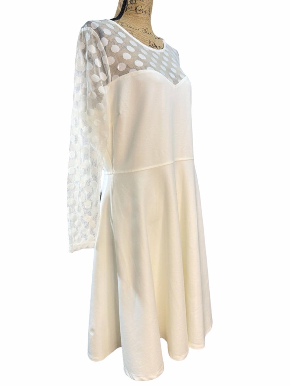 Love X Design Off White Polka-Dot Mesh Yoke  Fit & Flare MIDI Dress NWT Size 1X